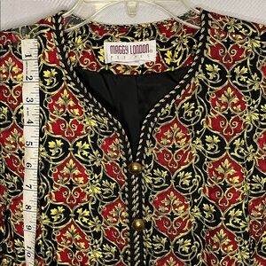 Maggy London Silk Red and Gold Patterned Blazer with black and gold trim